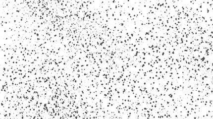 A monochromatic abstract background featuring a random scattering of dark gray dots and speckles of varying sizes on a clean white surface, creating a subtle speckled or grainy effect
