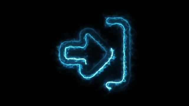 A dynamic blue neon outline illustration of an arrow pointing towards an open door or a vertical line, visually representing actions such as logging out of a system, exiting an application, departing 