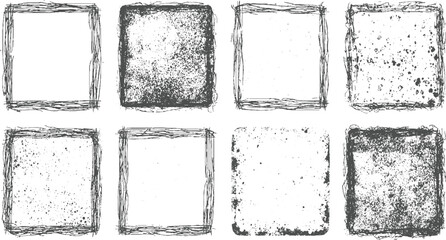 Assortment of eight diverse square and rectangular frames with varied grunge textures including scribbled lines and speckled patterns for creative