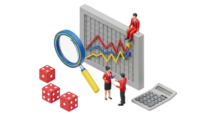 Business Analysis with Dice, Magnifying Glass, and Calculator