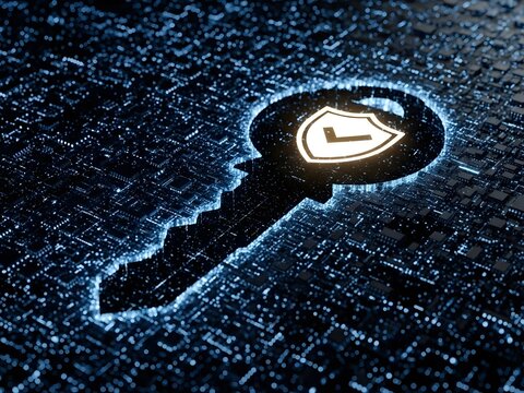 Glowing digital key with a shield logo on a dark blue circuit board background with neon blue lines and pixels, digital security - Powered by Adobe