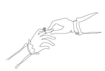 Minimalist continuous one line drawing of a man gently holding a woman&rsquo;s ring finger with a diamond wedding ring, symbolizing love, commitment, marriage, and lifelong promise. Editable stroke