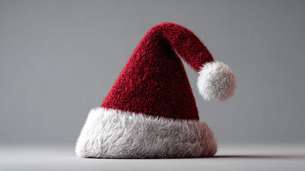 Festive fur Santa hat in red and white. Isolated on gray, it evokes holiday cheer and festive traditions. Ideal for seasonal promotions!