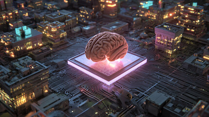 AI Brain on a Circuit Board: A conceptual depiction of artificial intelligence, with a brain resting on a glowing circuit board in a futuristic setting.