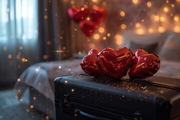 A suitcase with heart-shaped balloons in a hotel room for a Valentine's Day celebration. A romantic getaway for two lovers, promotions for February 14.