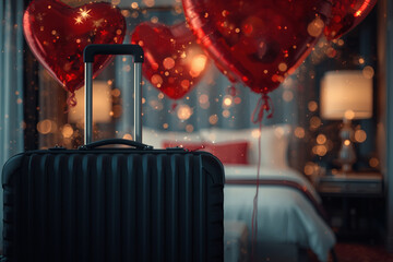 A suitcase with heart-shaped balloons in a hotel room for a Valentine's Day celebration. A romantic getaway for two lovers, promotions for February 14.
