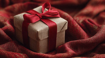 A small, square present wrapped in tan fabric with a deep red ribbon tied in a bow on top, resting on a draped, patterned red textile.