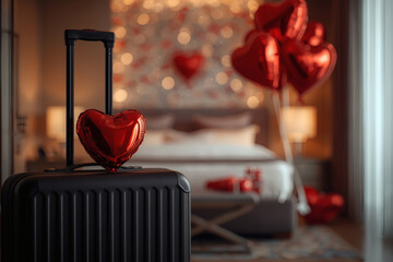A suitcase with heart-shaped balloons in a hotel room for a Valentine's Day celebration. A romantic getaway for two lovers, promotions for February 14.