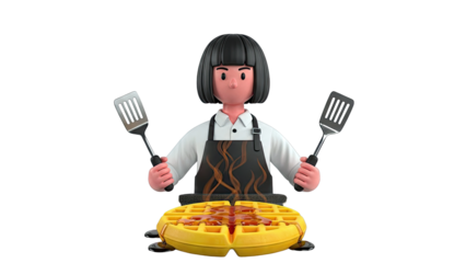 Cartoon Chef Making Waffles with Syrup and Spatulas