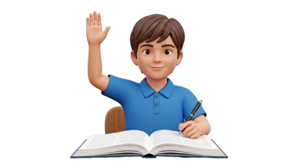 Cartoon Boy Raising Hand and Writing in Book