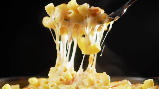 Delicious Mac and Cheese with Melted Cheese on a Fork, Food Photography.