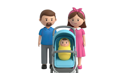 Cartoon Family with Baby in Stroller