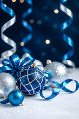 Blue and silver Christmas ornaments with ribbons on white surface