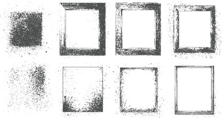 Group of eight grunge including splattered ink textures and various distressed square frames with rough edges for creative