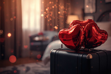 A suitcase with heart-shaped balloons in a hotel room for a Valentine's Day celebration. A romantic getaway for two lovers, promotions for February 14.