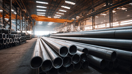 Stacks of steel pipes in a warehouse evoke industry's strength. Metal tubes await use, promising sturdy construction. The industrial setting is grand.
