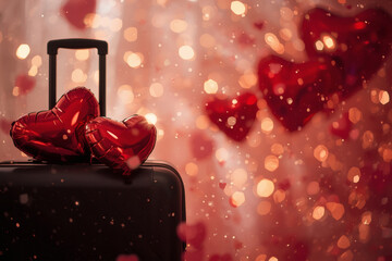 A suitcase with heart-shaped balloons in a hotel room for a Valentine's Day celebration. A romantic getaway for two lovers, promotions for February 14.