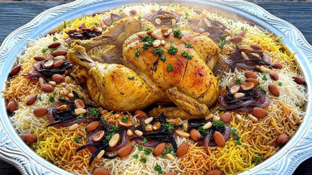 Generous Platter Of Traditional Kabsa Rice And Whole Roasted Chicken Garnished With Nuts And Fresh Herbs Overhead Shot