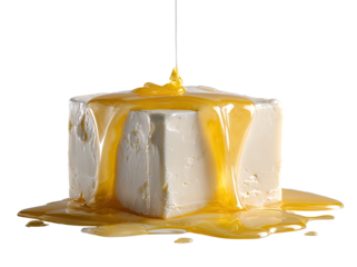 Cube of white matter drizzled with golden liquid against a dark background