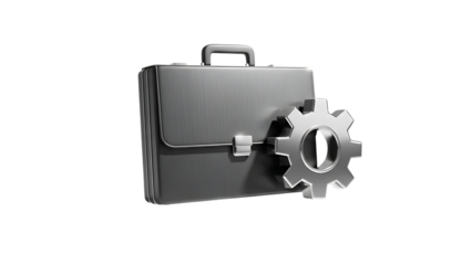 Grey metallic briefcase with gear mechanism on transparent background