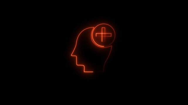 Glowing Red Human Head with Plus Icon Animation on Black Background, AI Mind, Health Technology, Medical Innovation, Digital Brain, Futuristic HUD Interface, Cyber Concept
