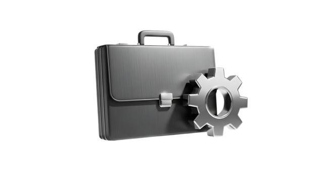 Grey metallic briefcase with gear mechanism on transparent background - Powered by Adobe