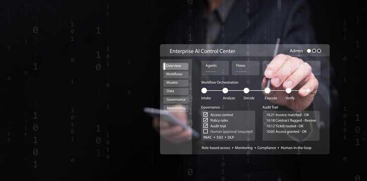 Businessman with smartphone uses enterprise AI control center interface. Cybersecurity, Agentic enterprise, workflow automation, data governance, and artificial intelligence at the corporate level. - Powered by Adobe