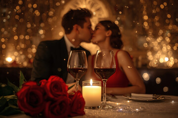 Concept for Valentine's Day. An elegant couple kissing over a romantic candlelit dinner with glasses of wine on a luxurious evening. The glasses are in focus in the foreground.