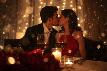 Concept for Valentine's Day. An elegant couple kissing over a romantic candlelit dinner with glasses of wine on a luxurious evening. The glasses are in focus in the foreground.