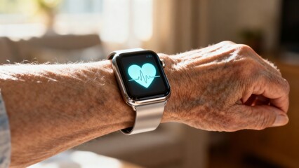 Elderly person wearing smartwatch with heart rate monitor