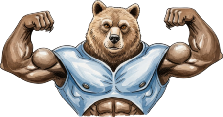 Muscular bear flexing muscles with confidence isolated on transparent background