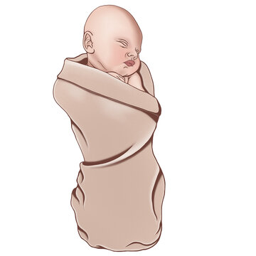 An isolated illustration of a newborn sleeping baby swaddled in a blanket
