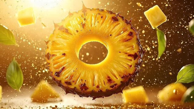 Delicious pineapple slice with water splash and fresh green leaves.