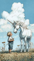 Obraz premium Whimsical storybook illustration of a young boy looking up at a majestic white unicorn in a meadow under big clouds, childhood fantasy, wonder and imagination.