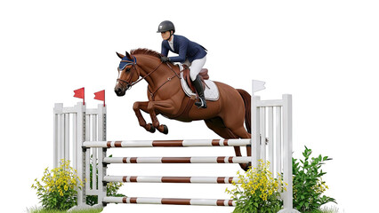 Equestrian Rider and Horse Jumping Over Obstacle