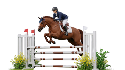Equestrian Rider and Horse Jumping Over Obstacle