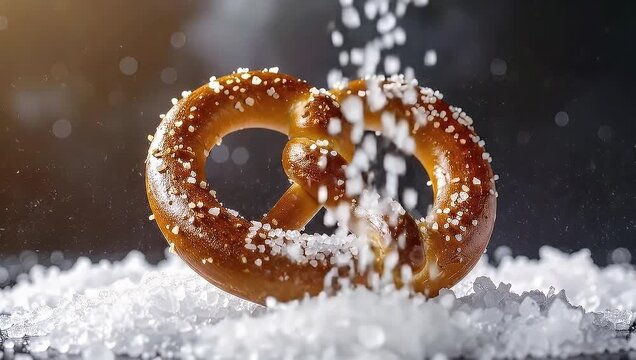 Delicious pretzel with salt falling on it, close-up shot, tasty snack.