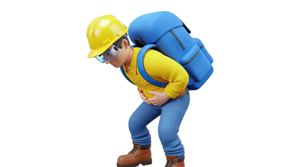 3D Cartoon Construction Worker with Backpack Experiencing Stomach Pain
