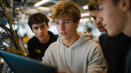 Fototapeta premium A mixed-race team of young engineers inspecting a factory with various industrial cables, representing collaboration and innovation in a high-tech setting, bright artificial lighting, panoramic
