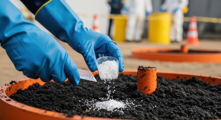 Closeup of hands applying absorbent materials on contaminated soil in a controlled drill for hazardous waste spill management.