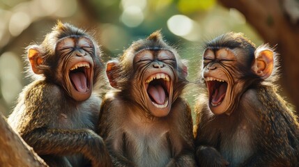 A group of monkeys laughing and playing together in the trees.
