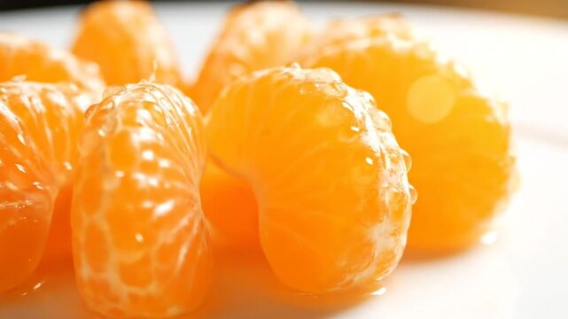 Close up shot of juicy mandarin orange segments on a white plate with bright sunlight illuminating the fruit