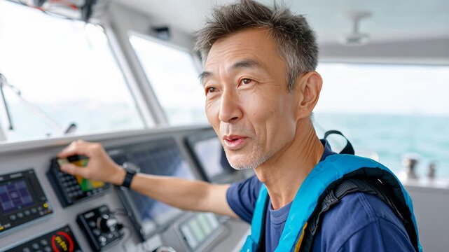 Experienced boat captain navigating at sea in bright daylight