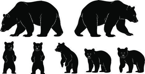 Bear silhouettes collection, wild grizzly and cub poses set, wildlife animal behavior concept vector illustration isolated black white © MstMinara