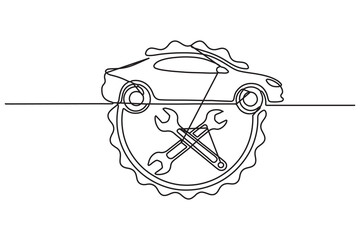 Continuous flowing line minimalist design concept of a car repair badge with crossed wrenches