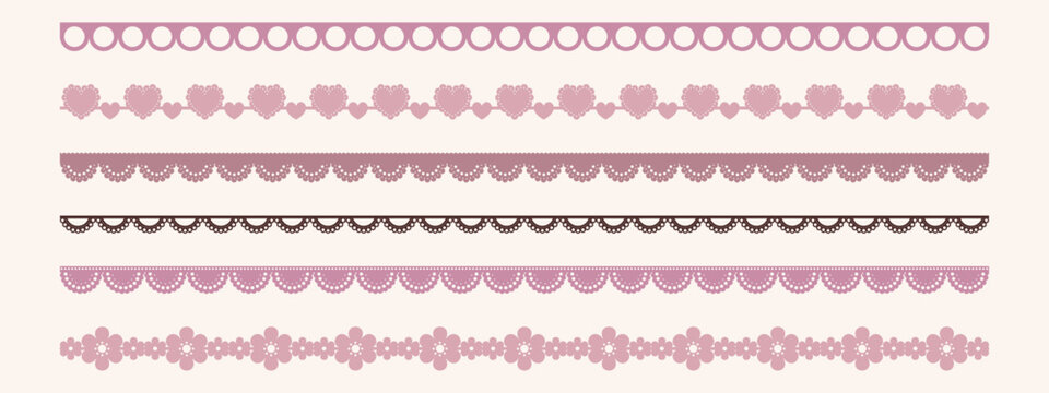Romantic Valentine borders with delicate embroidery, wave patterns, and decorative ribbons perfect for cards, invitations, scrapbooking, and festive celebration projects.