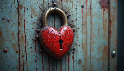 Heart-shaped lock covered in red paint droplets, close-up shot, artistic expression of love and passion
