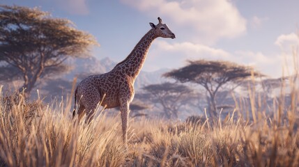 Obraz premium Giraffe standing tall on savannah beneath a clear blue sky
