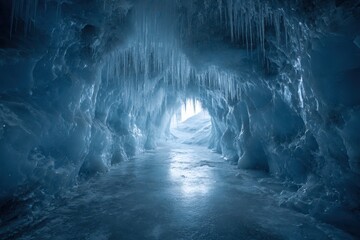 Glacial ice cavern interior bathed in cool blue tones with reflective icy floor