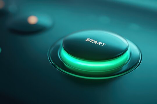 Glossy green Start button on a futuristic control panel, close-up illustration with neon glow - Powered by Adobe